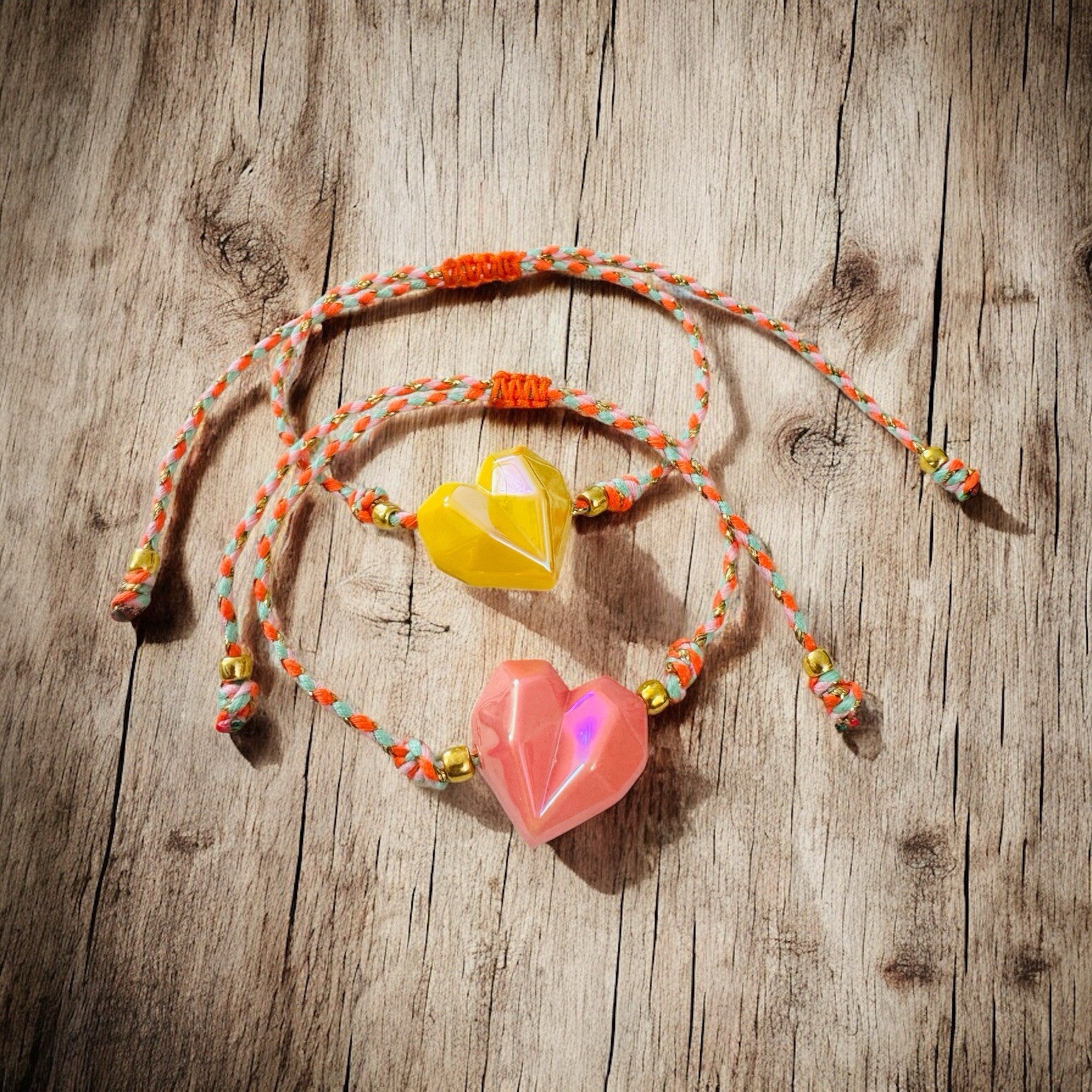 Faceted Heart Bracelet Set - Creamy Yellow & Aurora Salmon 💛🧡