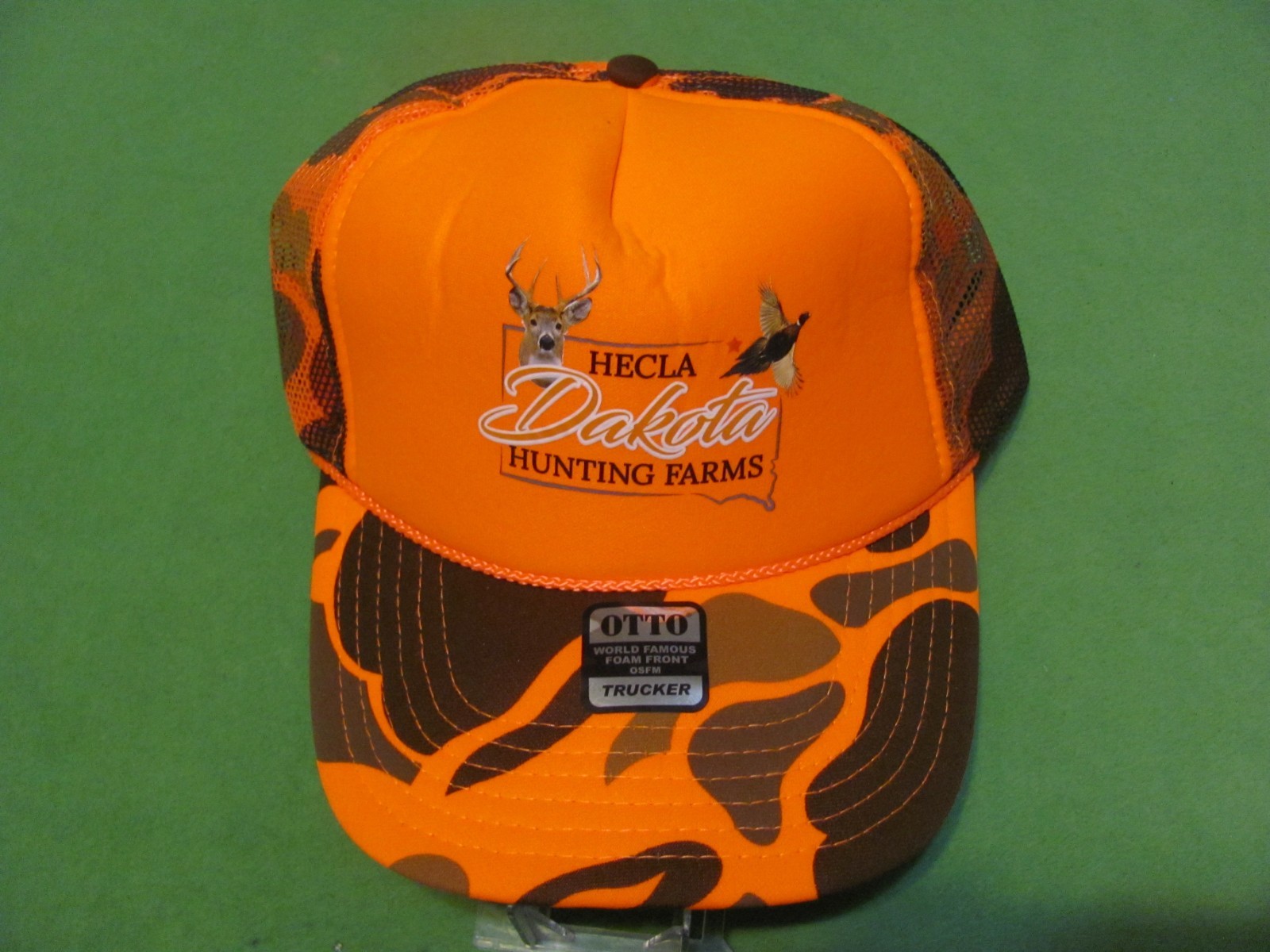 Vintage HECLA Dakota HUNTING FARMS Snapback Orange/Camo Mesh/Foam Hat/Cap