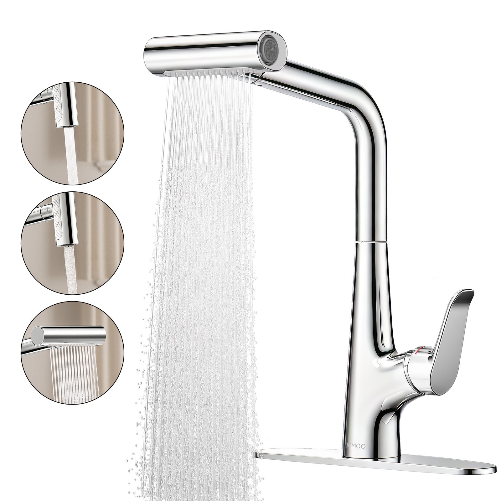 Waterfall Kitchen Faucet Pull Down Sprayer 3 Function Chrome Sink Faucet