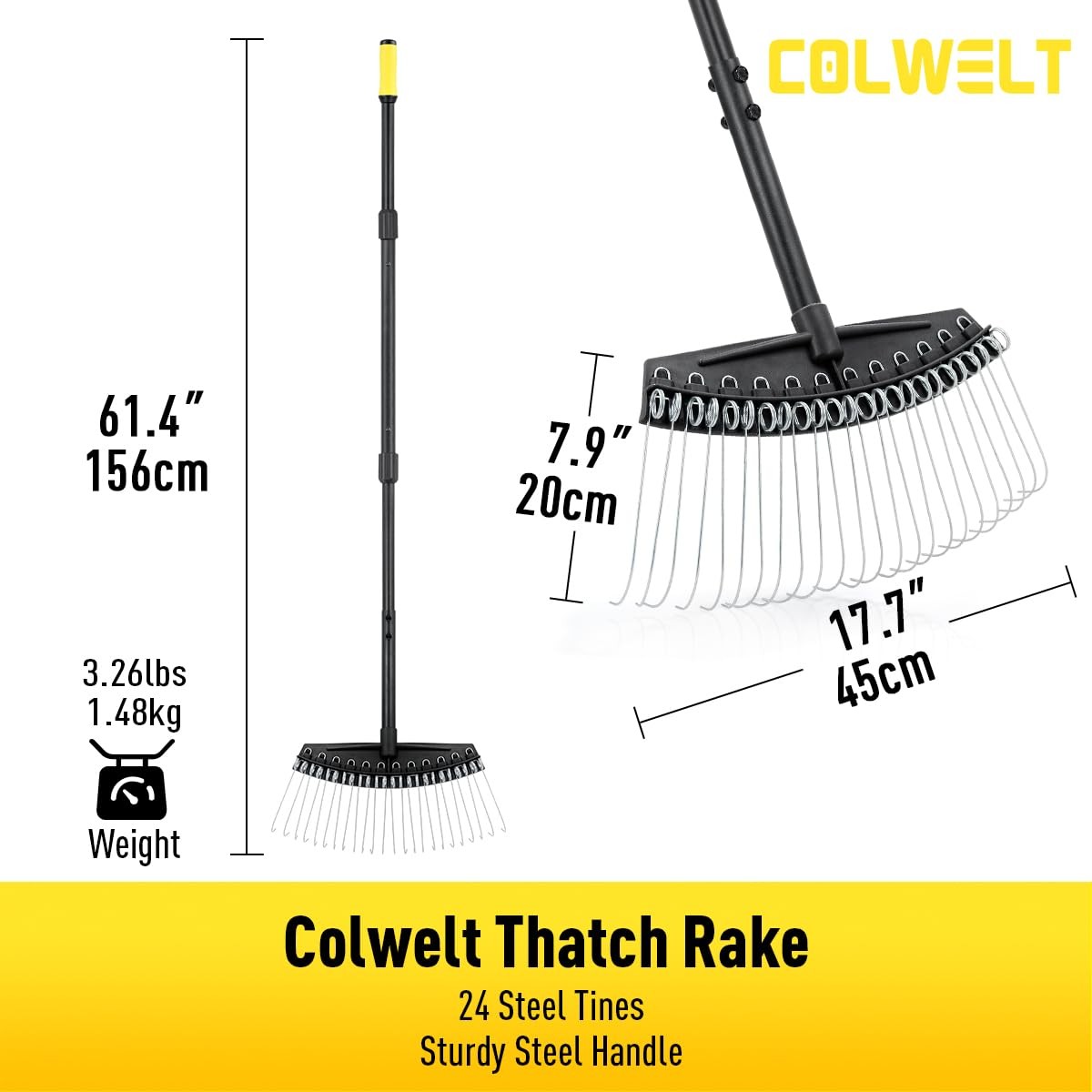 Best Colwelt Thatch Rake, Dethatcher Rake with Thin, Curved Spring Steel Tines