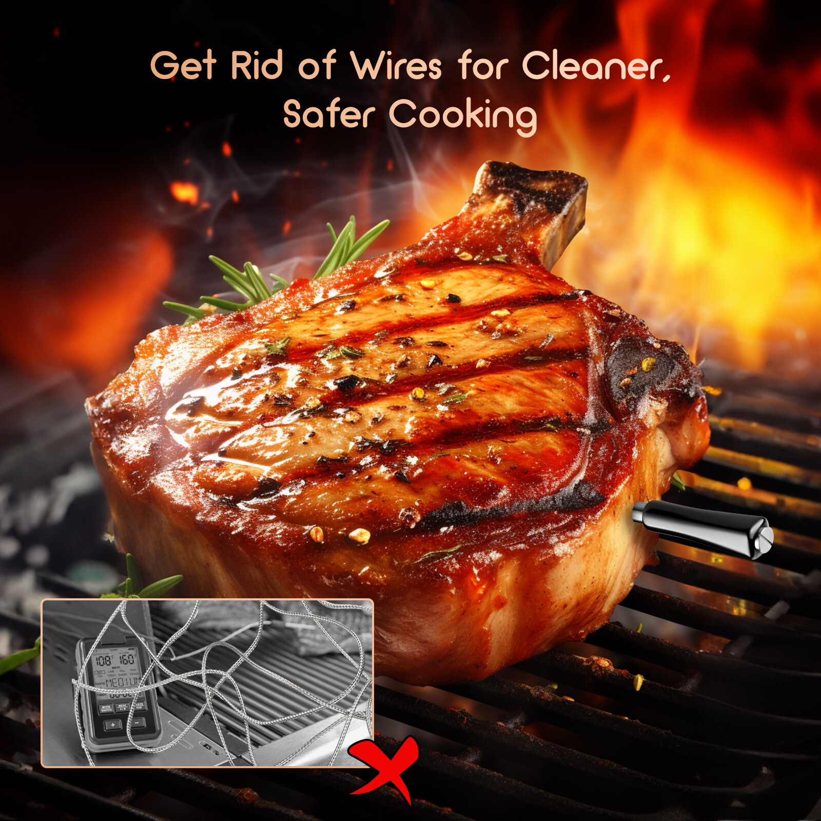 Wireless Meat Thermometer Bluetooth BBQ Temperature Meter Oven Grill 300ft App