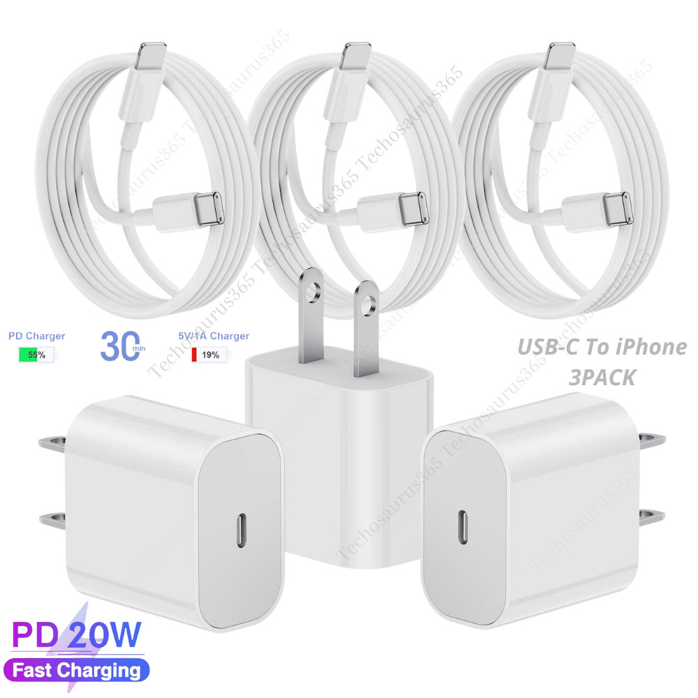 3PACK 20W USB-C Power Adapter PD Fast Charge Cable For iPhone 13/12/11 XR iPad