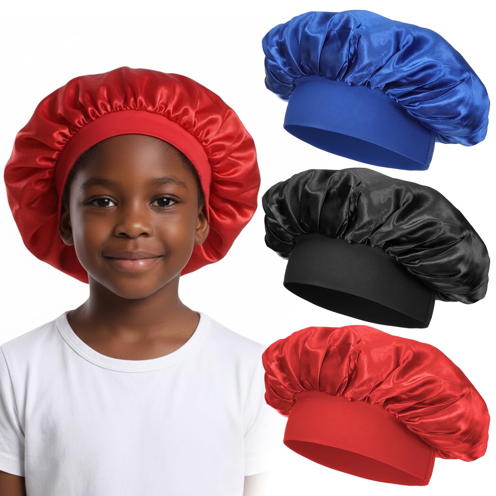 3 PCS Kids Satin Bonnet, Elastic Kids Silk Bonnet for Sleeping, Wide Band Bon...