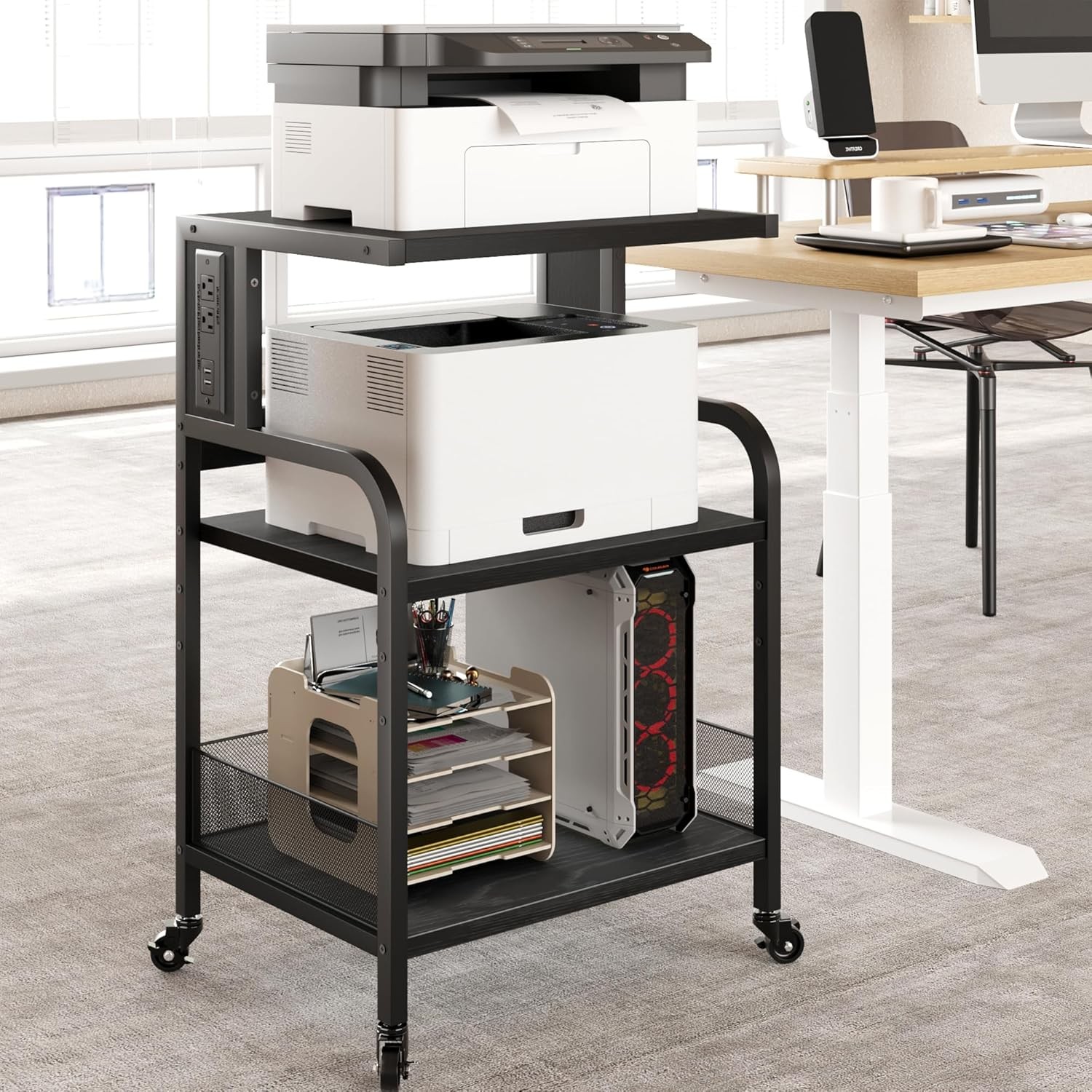 Pro Mobile Printer Station W/ Outlets & USB, 3-Tier Adjustable Shelf for Office