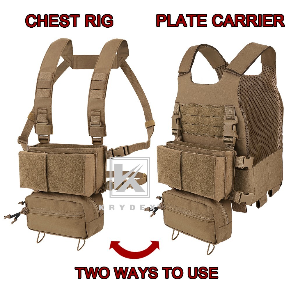 KRYDEX Low Vis Slick Plate Carrier 2in1 Micro Fight Chest Rig Drop Pouch Brown