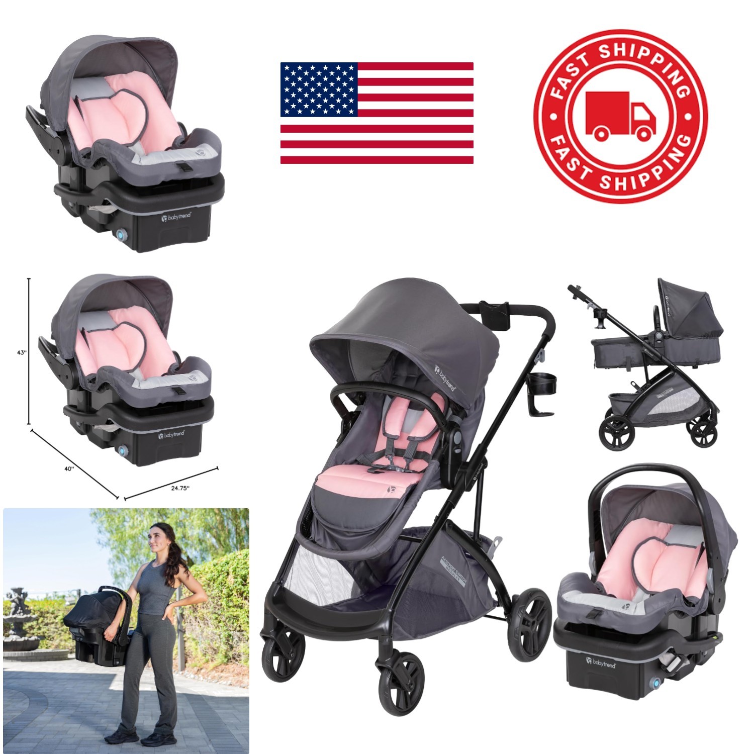 Passport Switch 6 in 1 Modular Stroller Travel System Dash Pink with Car Seat