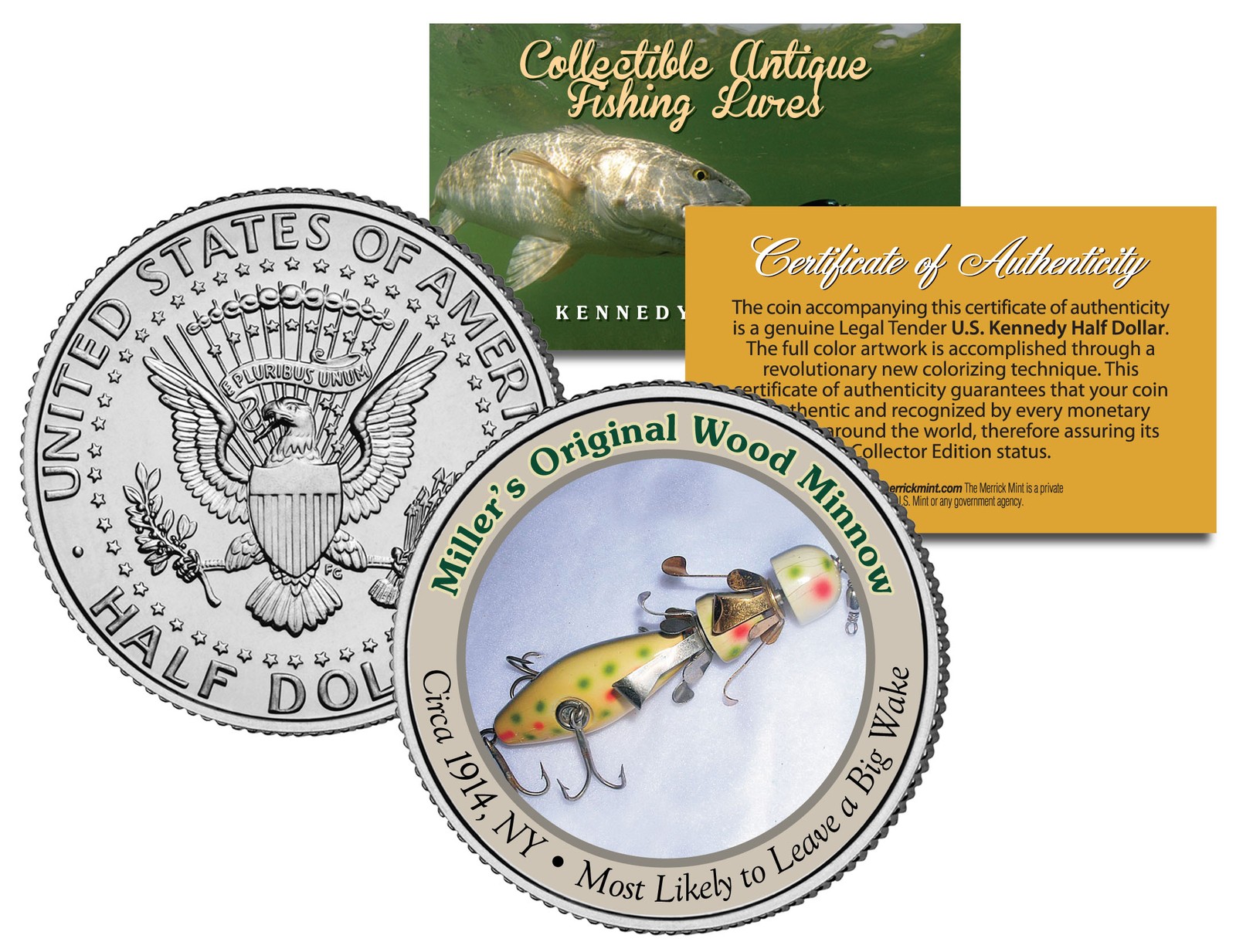 MILLER'S ORIGINAL WOOD MINNOW Antique Fishing Lures JFK Half Dollar US Coin COA