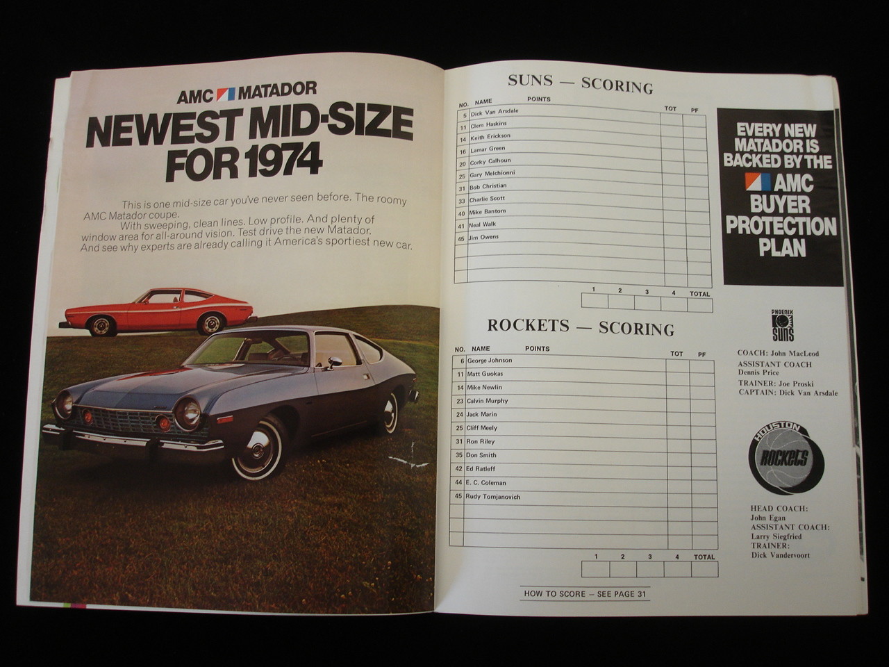 January 9, 1974 Houston Rockets @ Phoenix Suns NBA Program