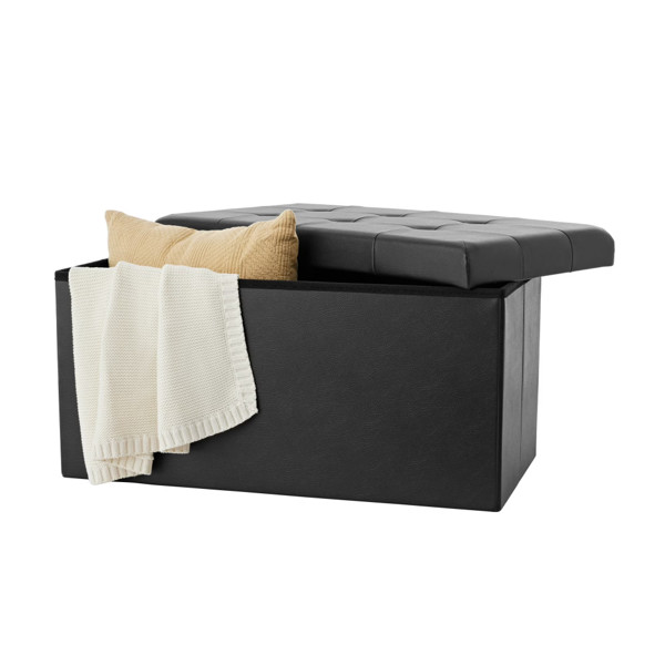 30in Tufted Foldable Leather Storage Ottoman Bench Storage Foot Stool Black