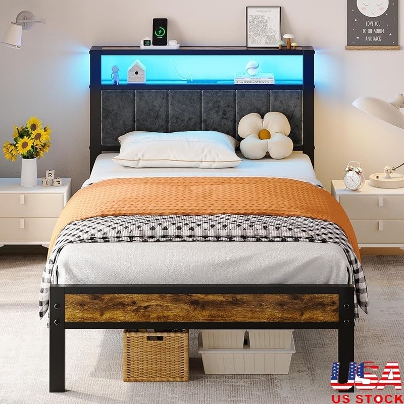 Soft Lighting Bed Frame W/ Charging Station Metal Headboard Storage Underbed New