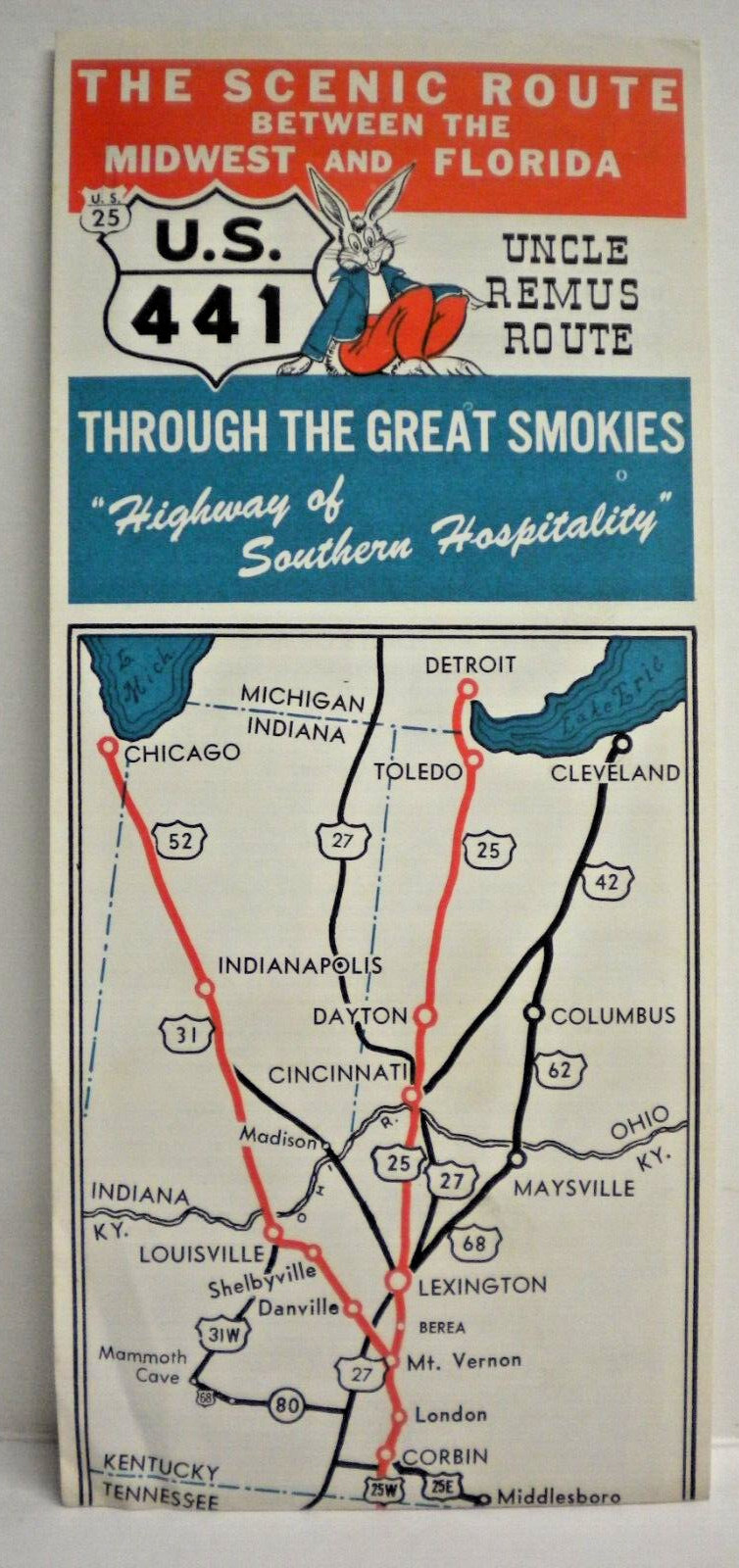 Vintage 1951 US 441 Uncle Remus Route Rabbit Smokies Map Brochure Travel 50s FL