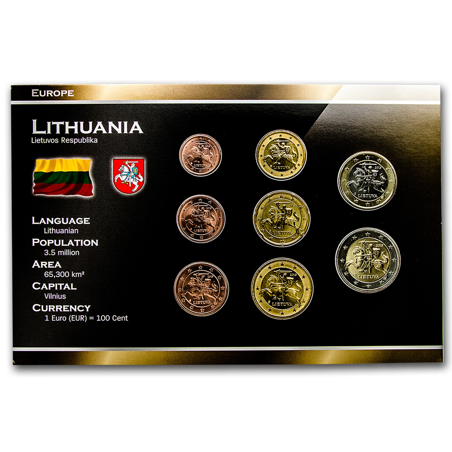 2015 Lithuania 1 Cent-2 Euro 8-Coin Euro Set BU