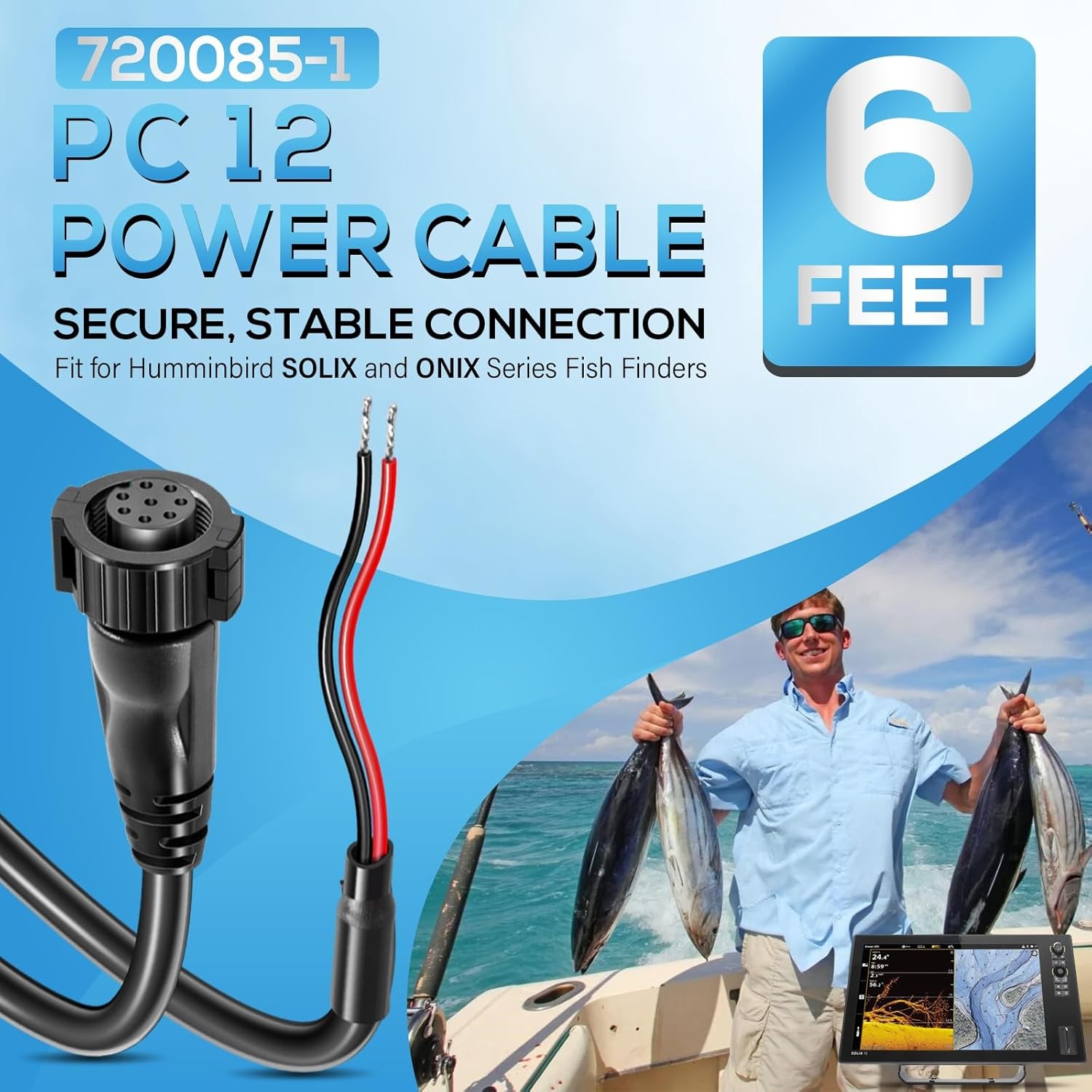 720085-1 Power Cable Replacement for Humminbird Fishfinder PC12 Power Cord, 6 Ft