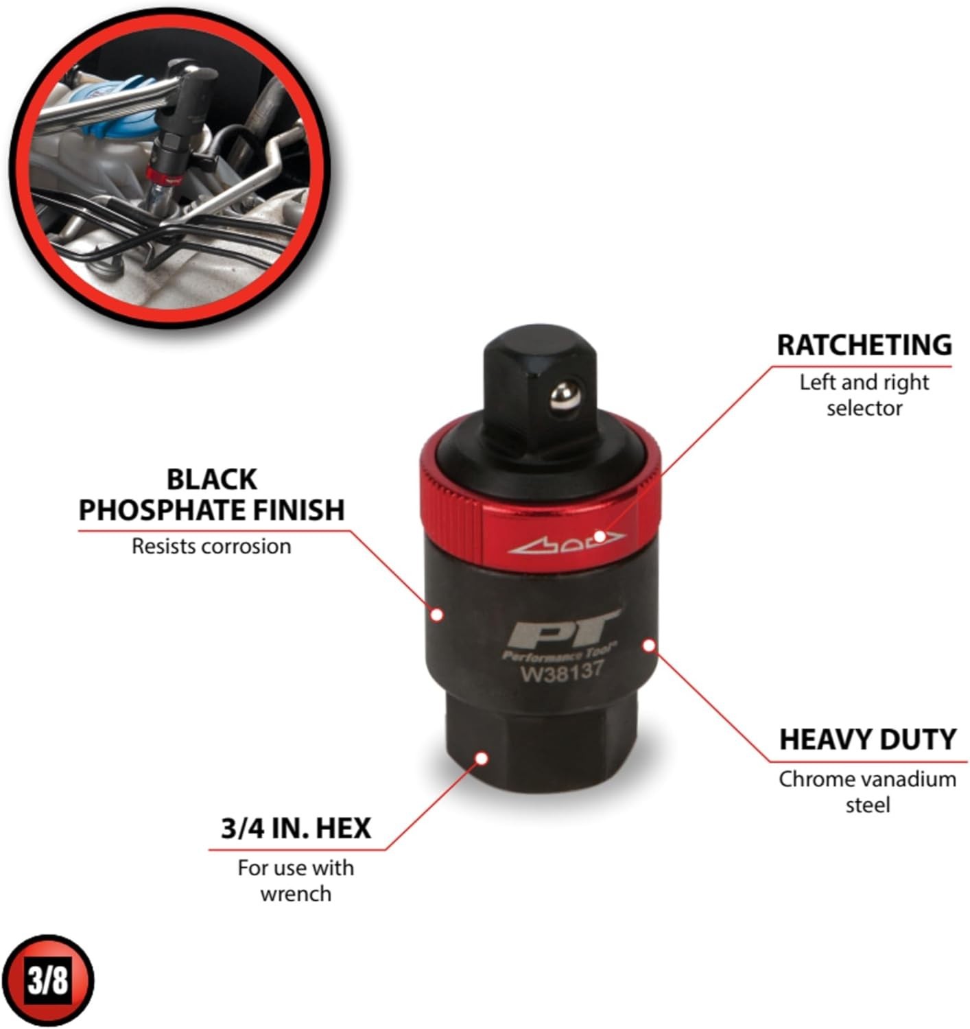 W38137 3/8-Inch Drive Ratcheting Adapter,Black