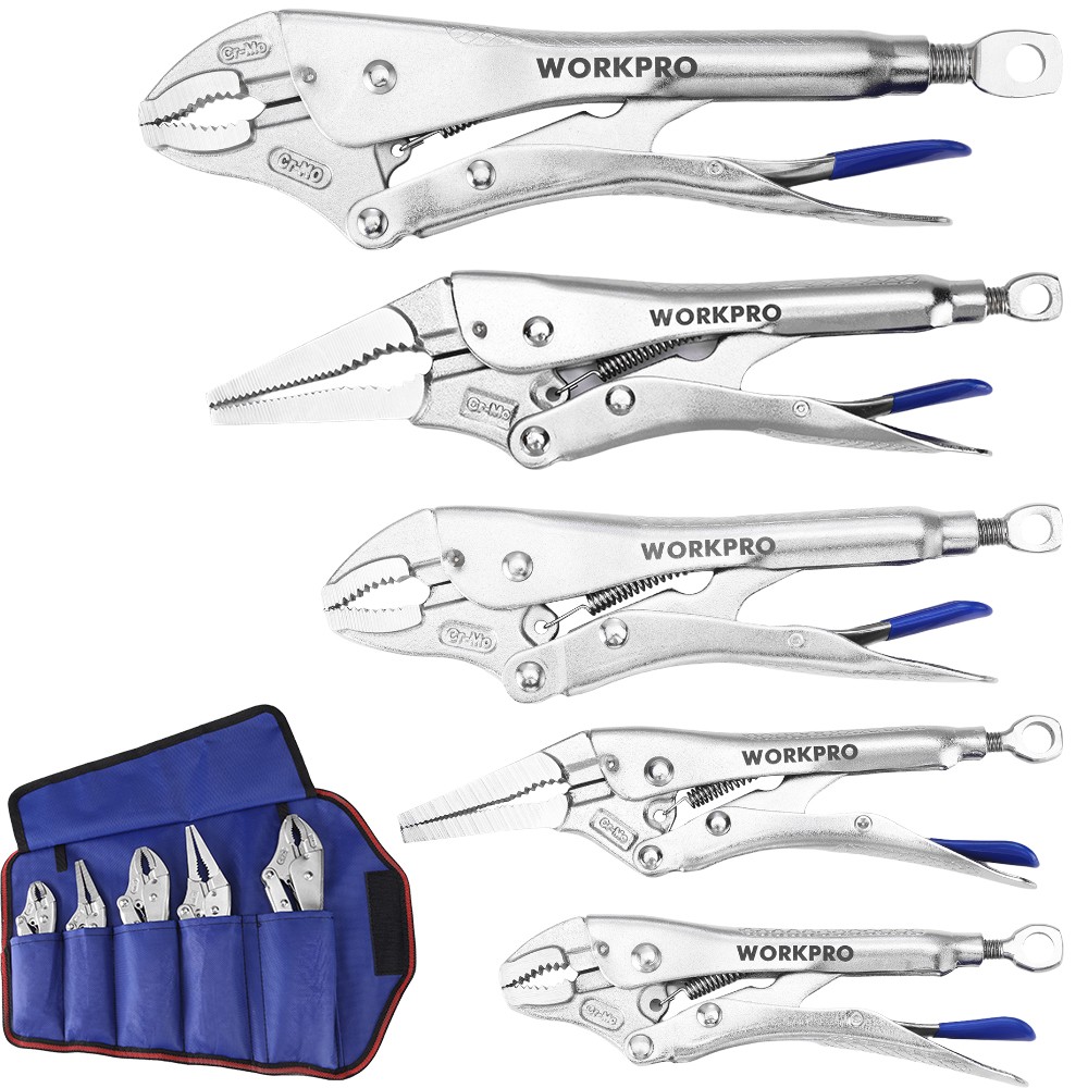 WORKPRO 5PCS Locking Pliers Set 5"/7"/10" Curved Jaw & 6.5"/9.5" Long Nose w/Bag