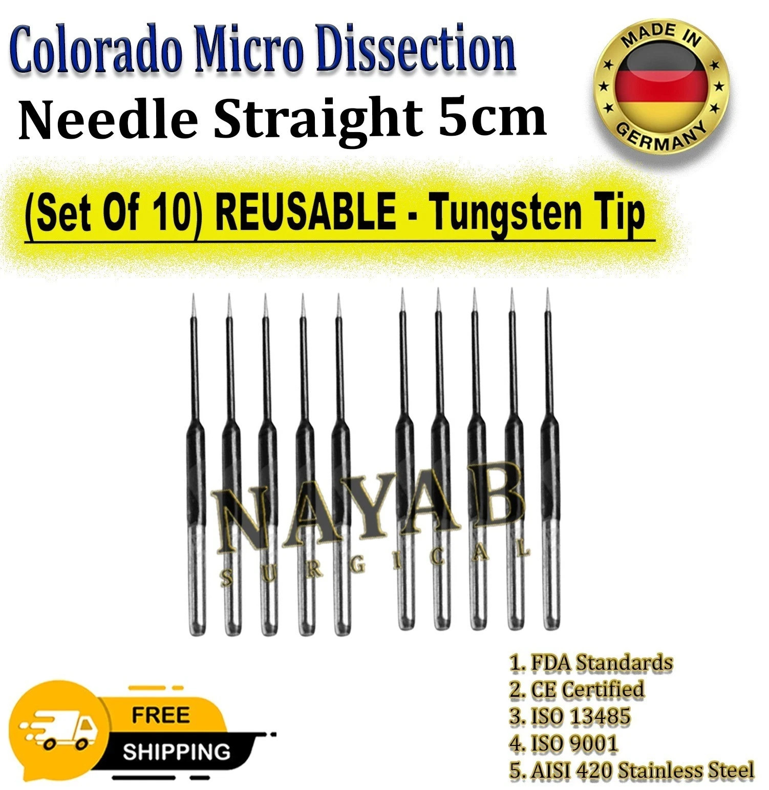Colorado Micro Dissection Needle Straight 5cm(Set Of 10) REUSABLE - Tungsten Tip