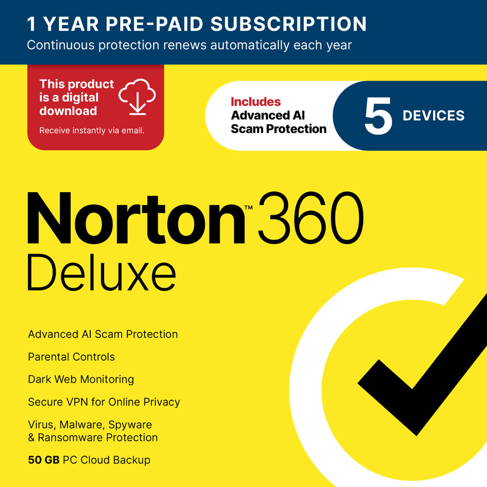Norton 360 Deluxe 2026 | 5 Devices | Digital Download Code sent by Email