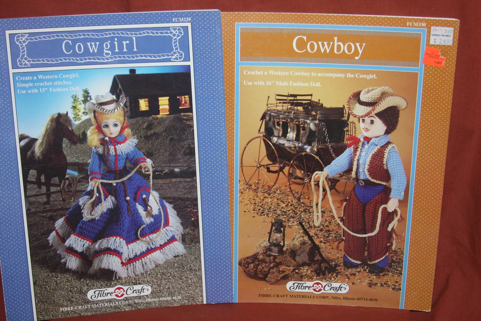15" Cowgirl & 16" Cowboy Crochet Doll Clothes | Fibre Craft FCM239 & 330 (d33)
