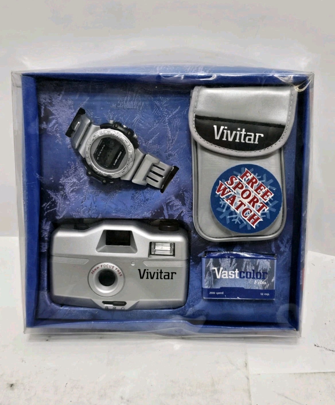 Vintage JC Penney VIVITAR Set: 35mm Focus Free + Sport Watch + Film + Case