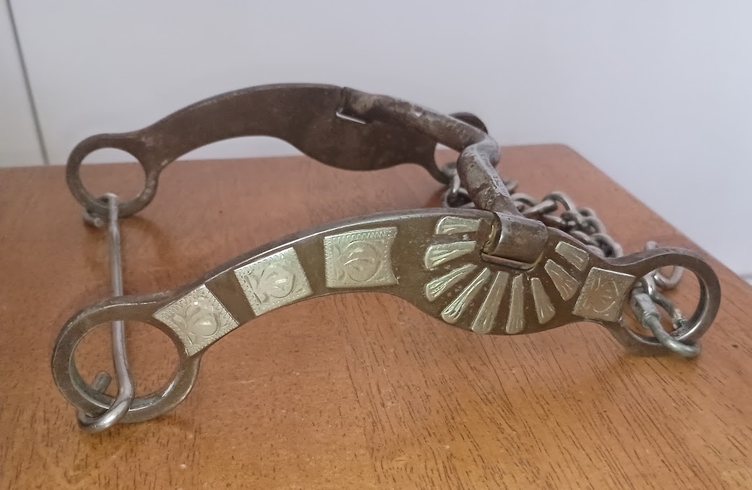 Fancy Brown Steel Silver Overlay Western Horse Port Bit 7.5" Shanks Curb Chain