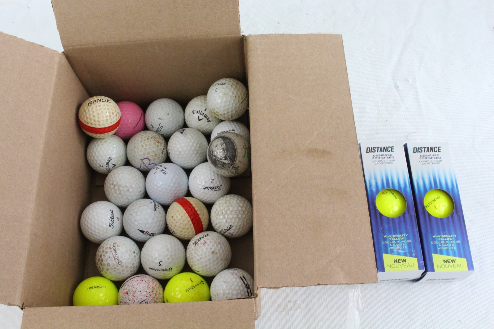 Golf Balls: 2 Boxes New TaylorMade Distance+ & Box Used Callaway, Titleist, Etc