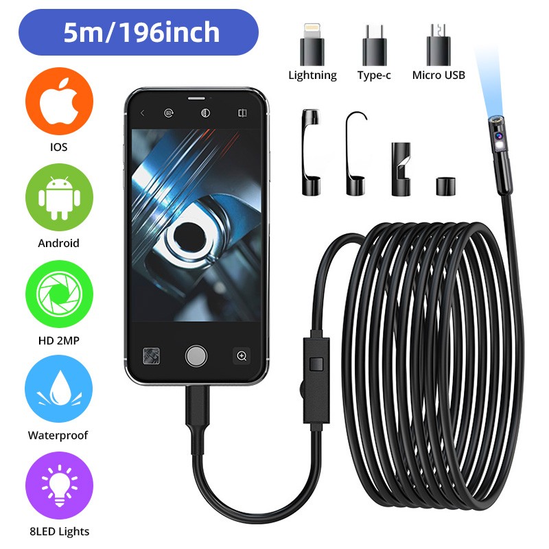 HD Dual Lens 5M IP67 Endoscope Waterproof USB Snake Camera Fit iPhone Android