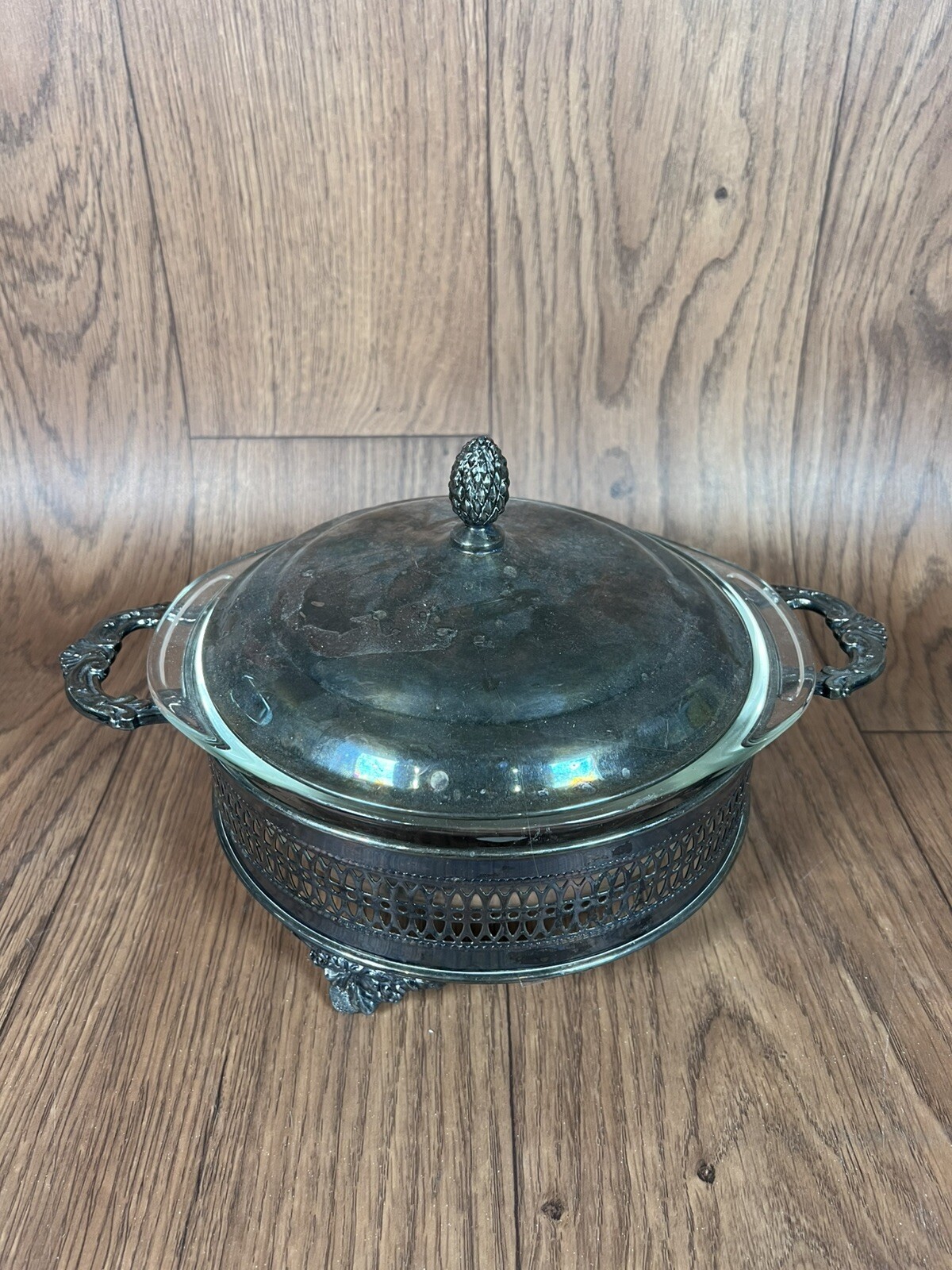 Vintage Silver Plated Casserole Server Warmer W Acorn Top & PYREX Bowl