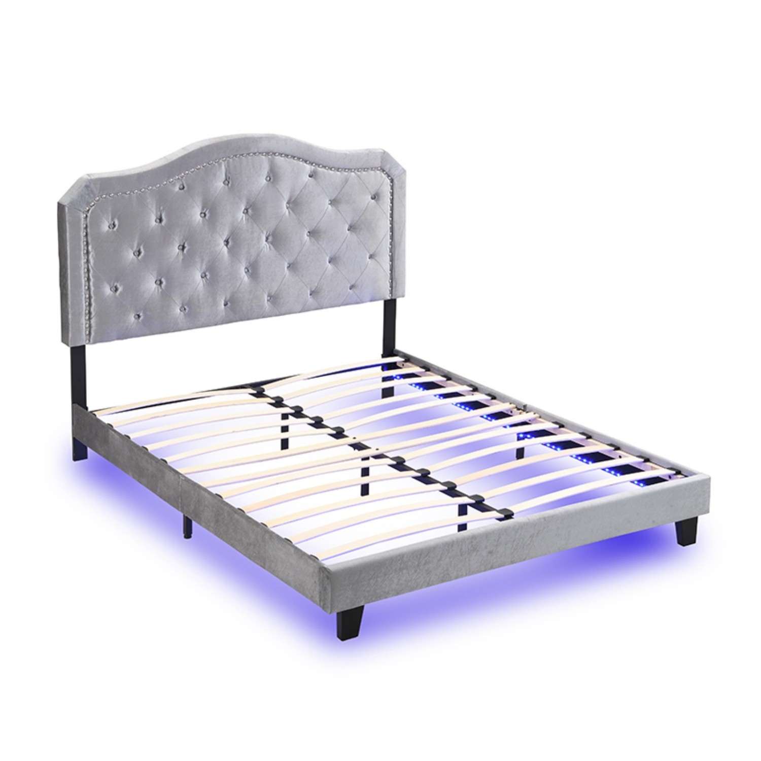Queen Size Bed Frame Upholstered Platform Bed with LED Lights Black/Light Gray