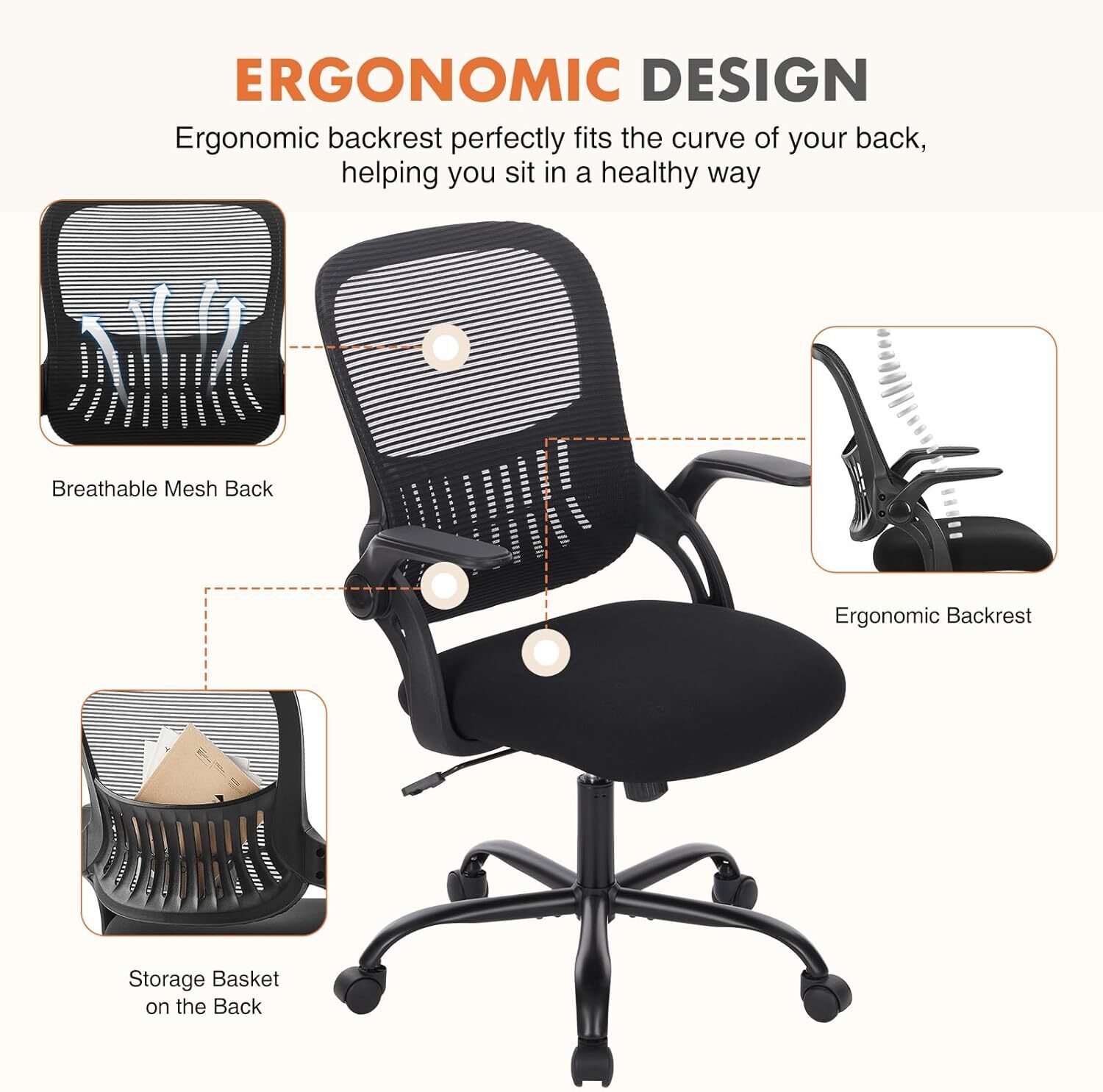 Ergonomic Mesh Office Swivel Chair with Adjustable Back and Flip-up Arm Support