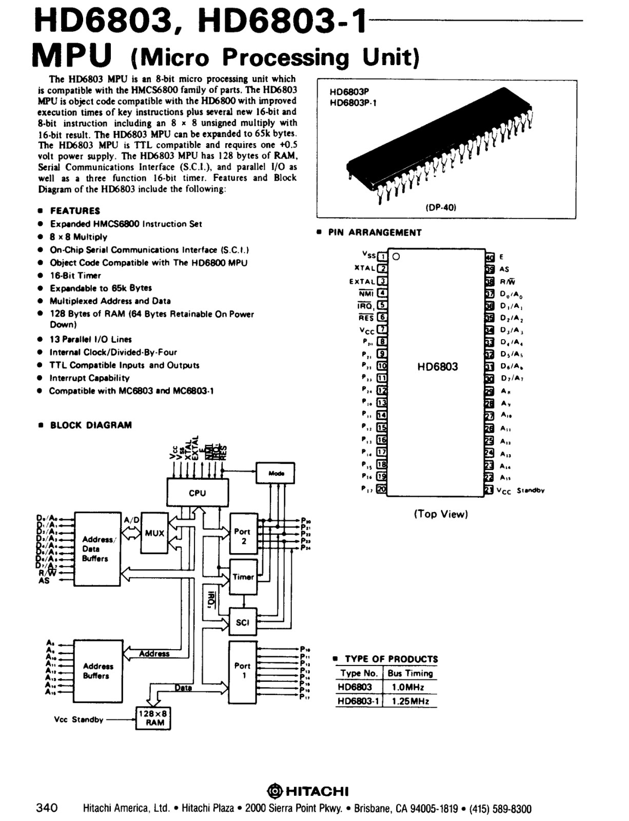 1X HD6803P HITACHI 8-Bit Microprocessing Unit (MPU) 1MHz DIP-40.