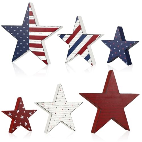 4th of July Decorations Wooden Star Set of 6, Red White and Blue Wood Grain
