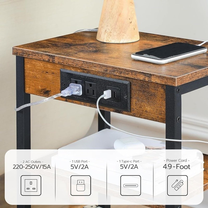 Multifunctional Side Table W/ Charging Station Adjustable Storage Shelves New