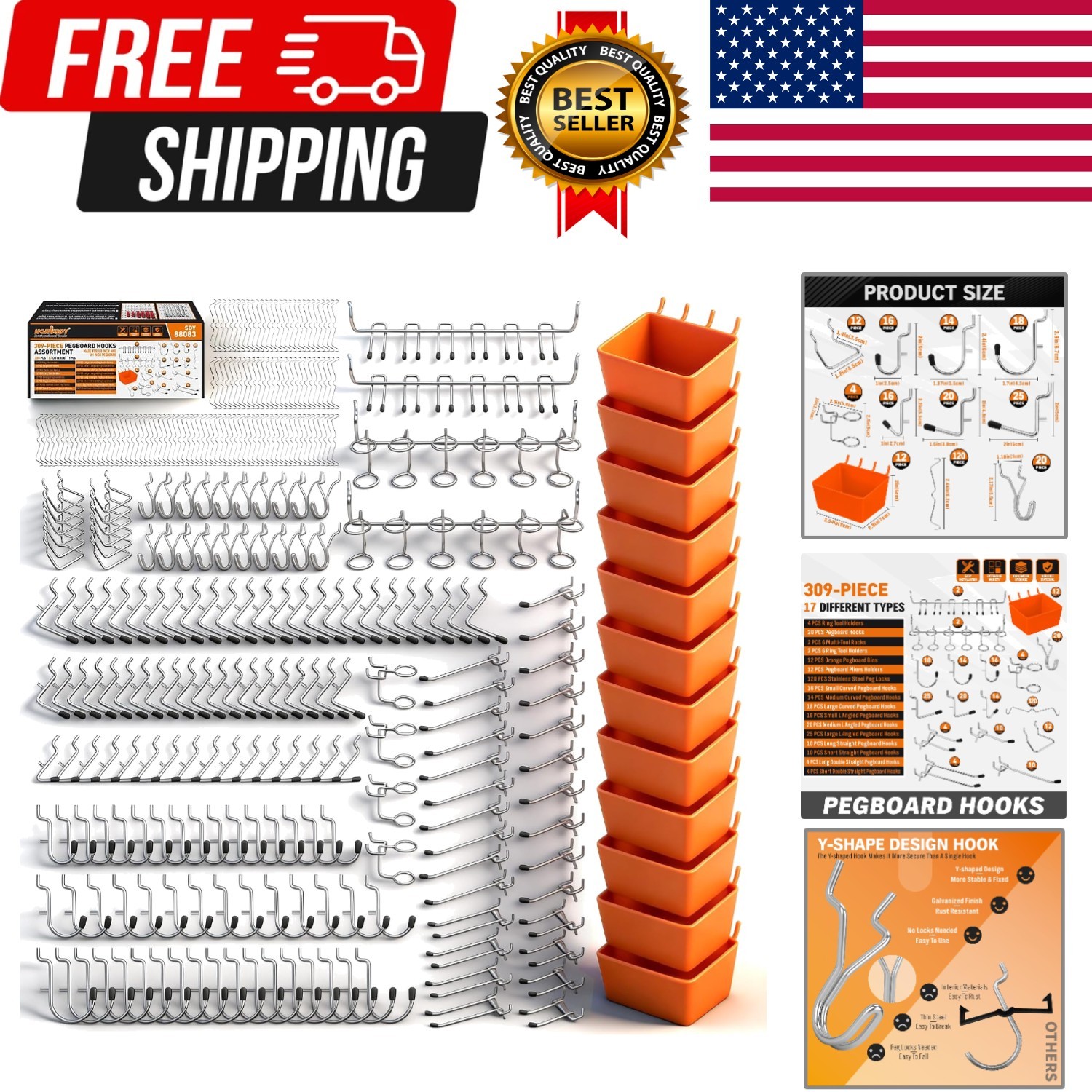 309 PCS Pegboard Hooks Assortment Kit – 17 Types Heavy Duty Peg Board Hooks &...