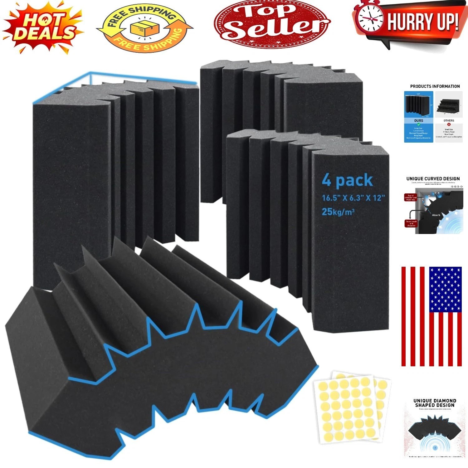 4-Pack Curved Corner Bass Traps for Studio & Home Sound Clarity