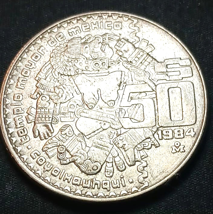 Mexico 1984 50 PESOS Templo Mayor Mexico Coin Beautiful Coyolxauhqui topless AZT