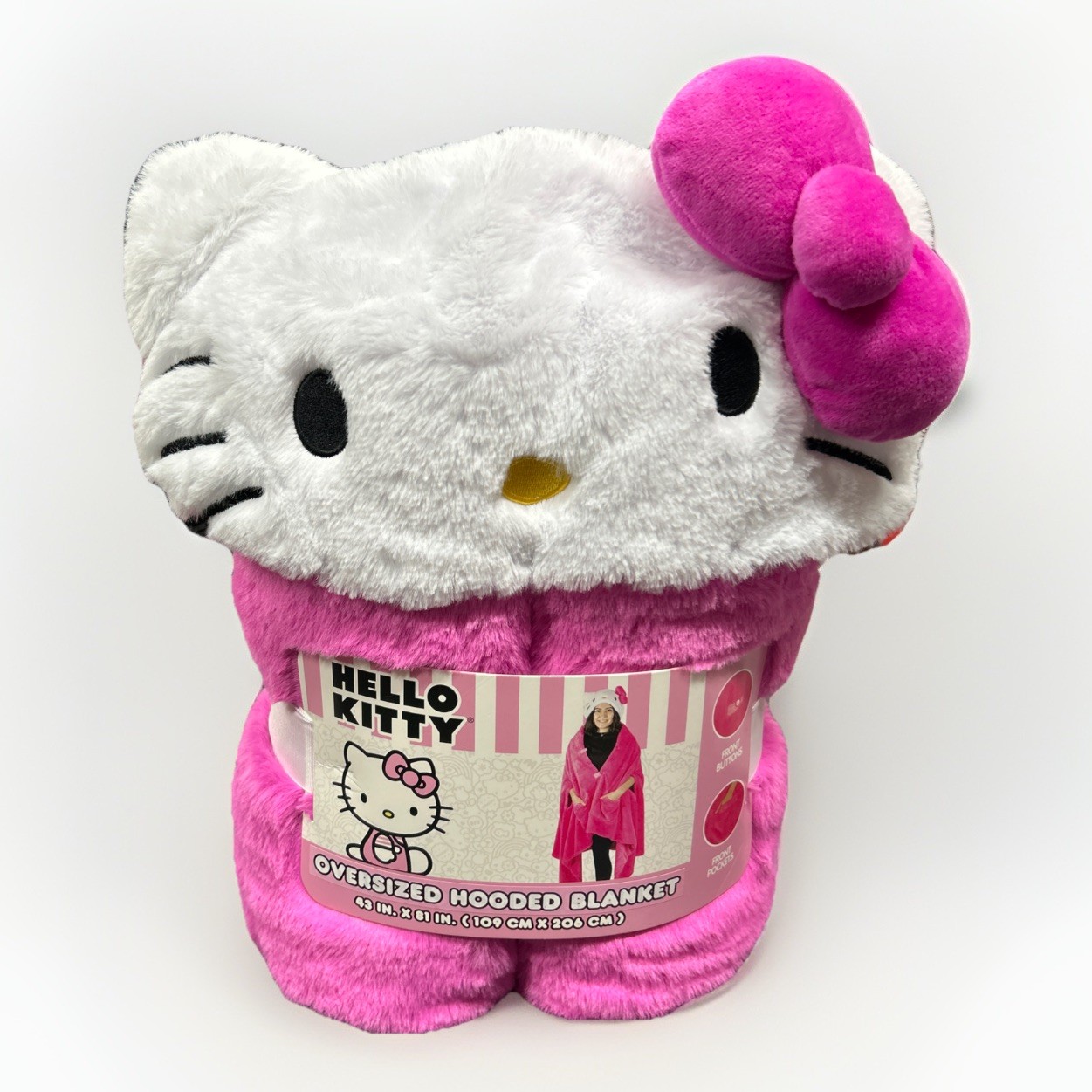 Sanrio Hello Kitty Pink Oversized Hooded Blanket 43”x81” w/ Pockets & Buttons