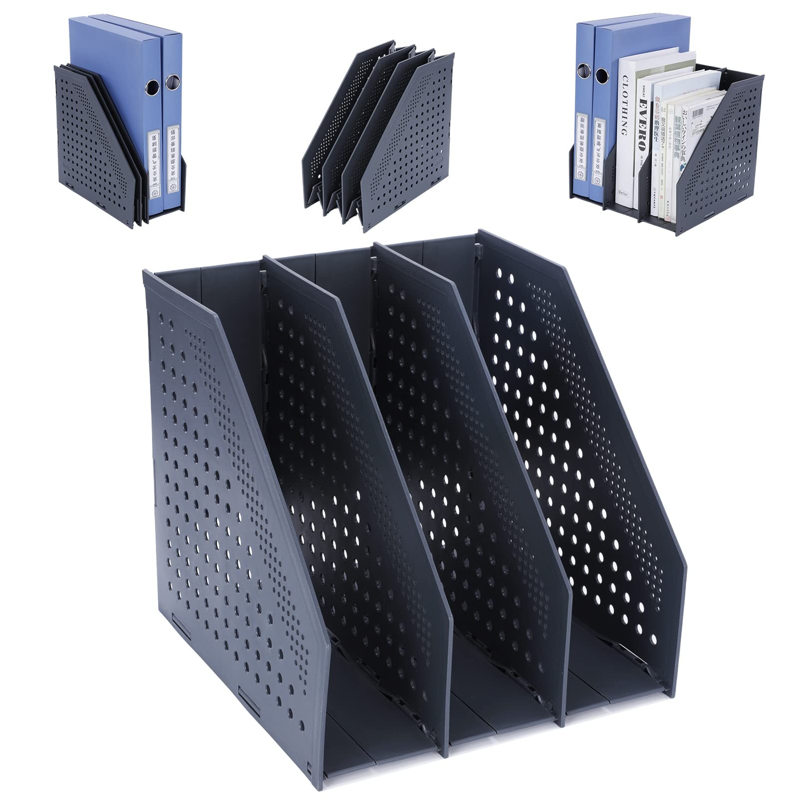 FRETONBA Collapsible Magazine File Holder 3 Compartments Foldable Desk Organizer