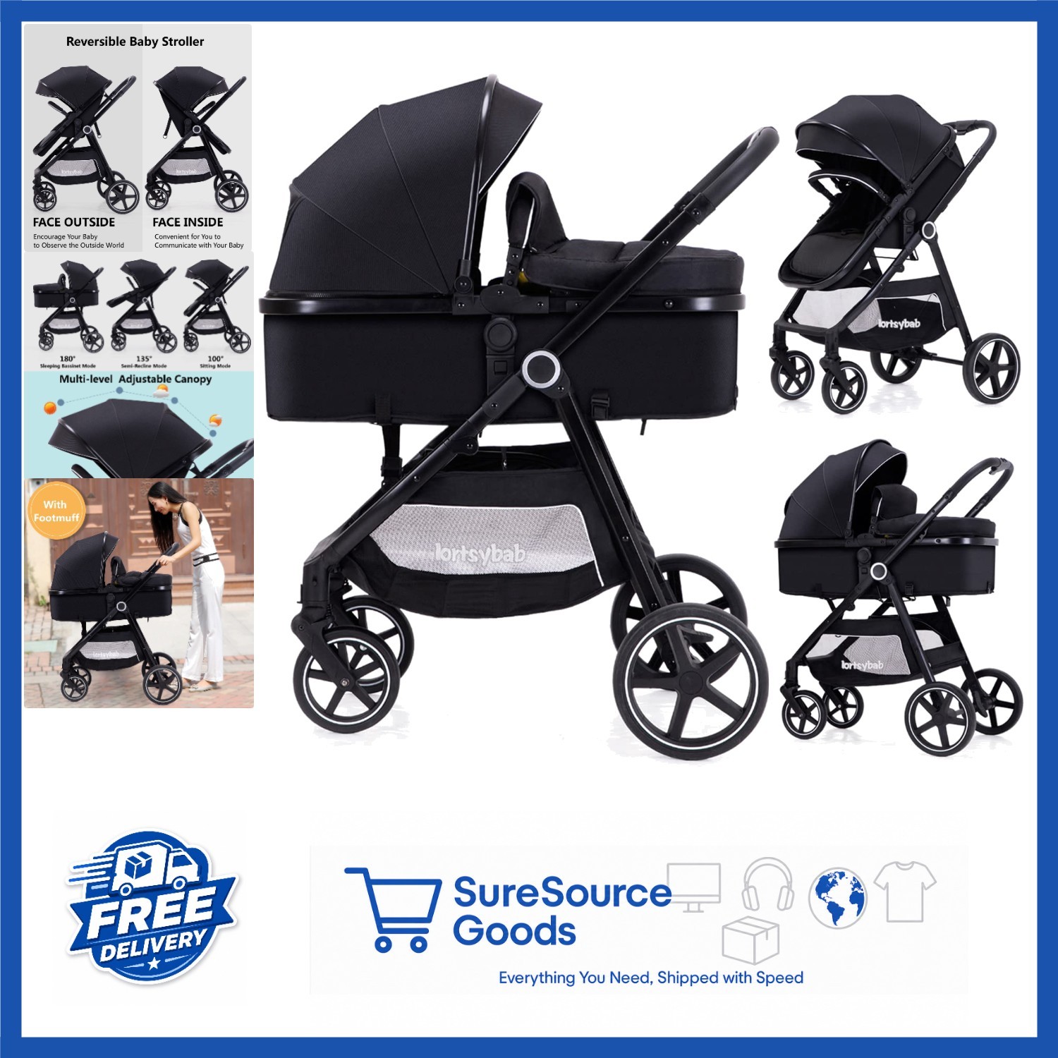 Toddler Stroller 2-in-1 Design with Adjustable Canopy and Backrest Black