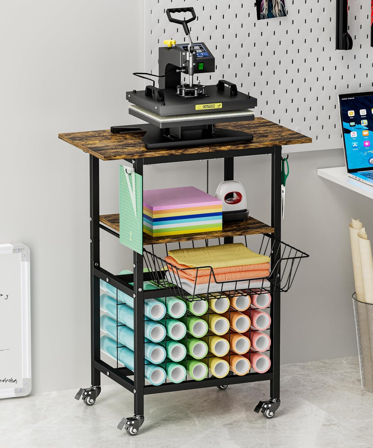 Movable Heat Press Machine Cart with Basket and Hooks, 3 Tier Crafting Shelf Org