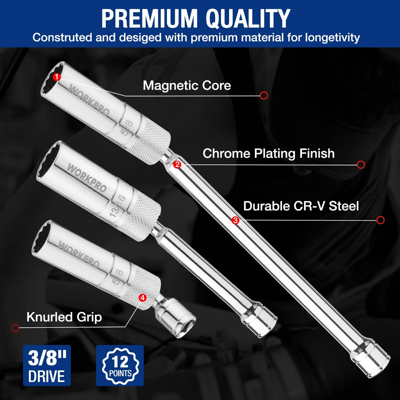 7 PCS Magnetic Swivel Spark Plug Socket Set - 9/16", 5/8", 13/16", 14MM, Extensi