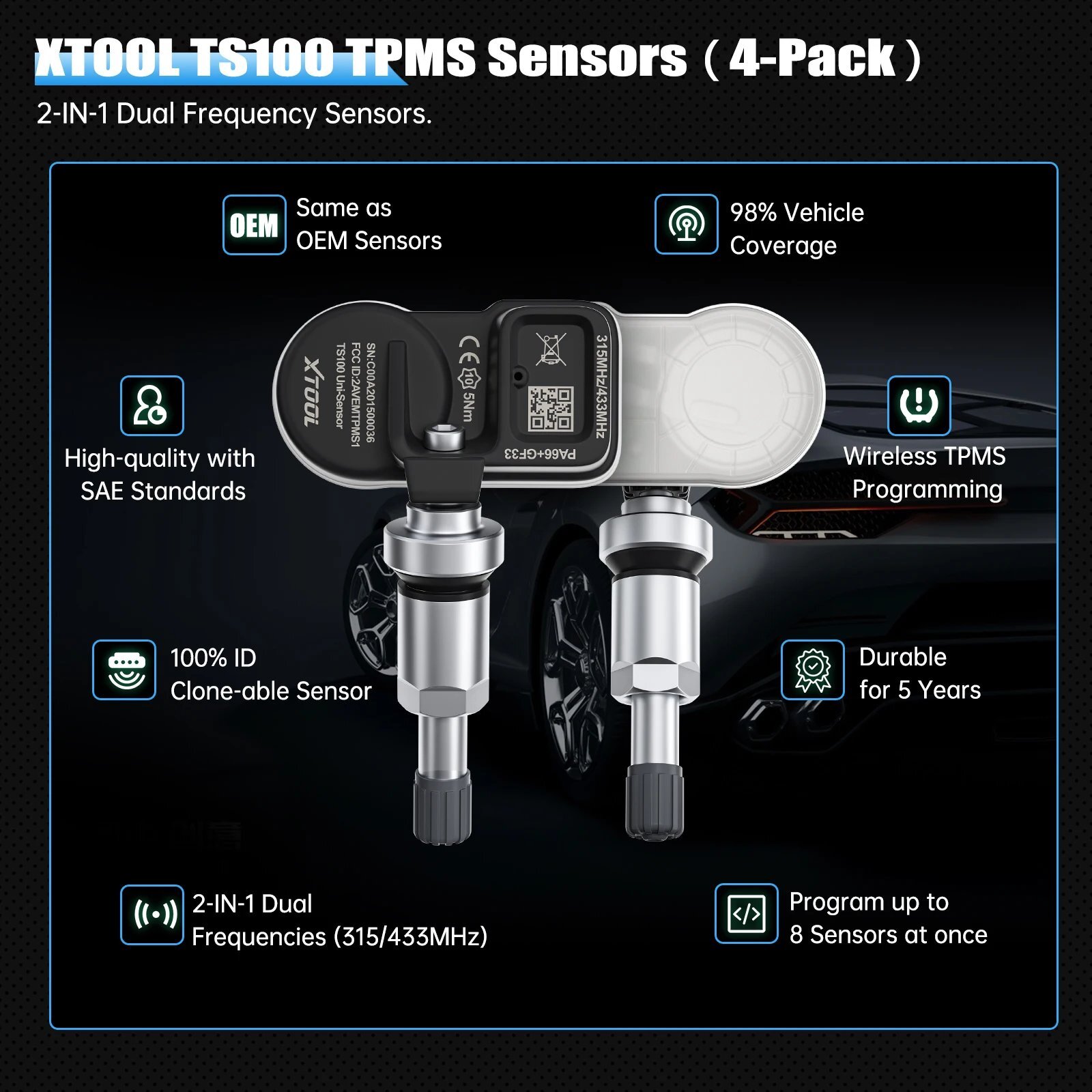 XTOOL TS100 TPMS 315MHz & 433MHz Programmable Tire Pressure Sensor 4pack Metal
