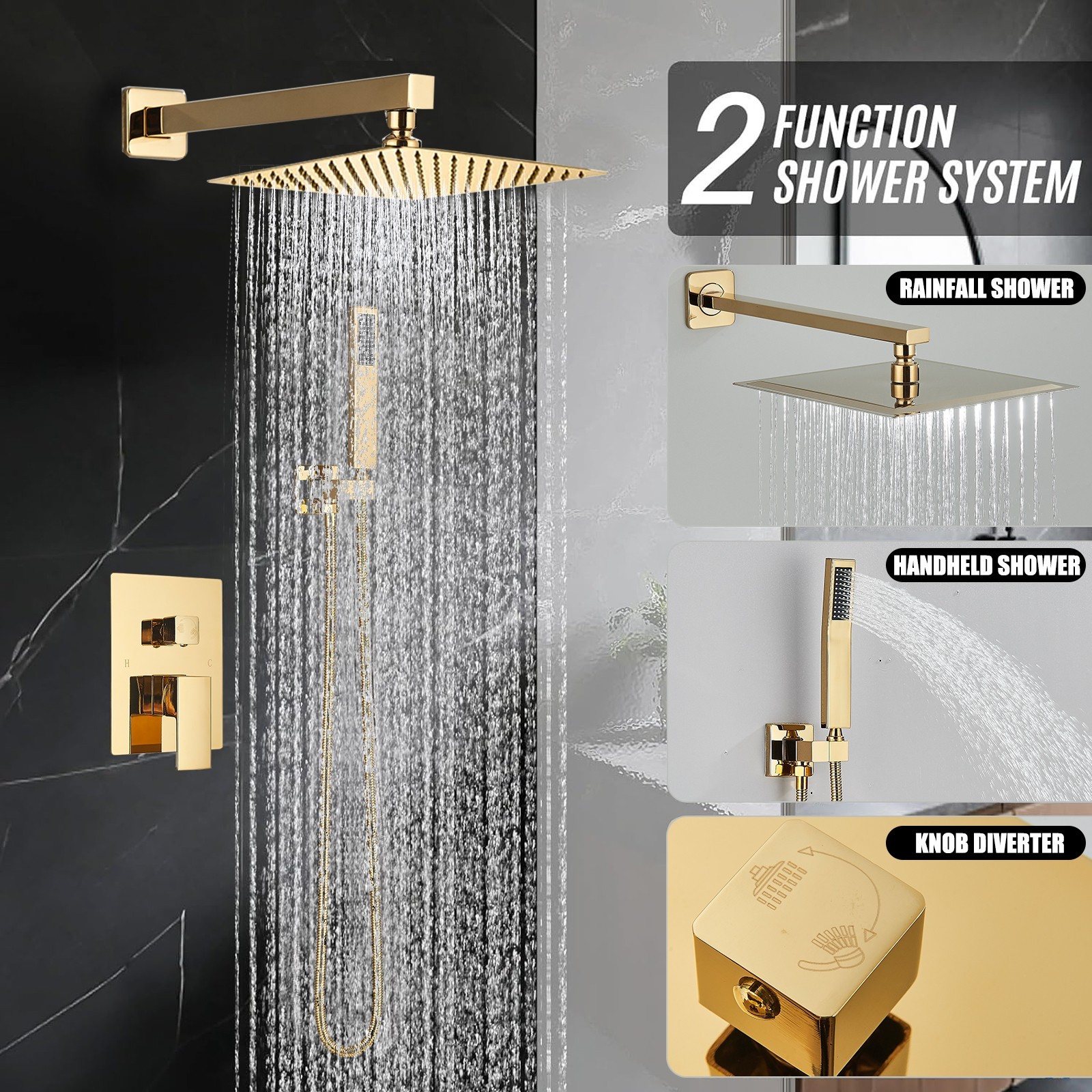 Gold Shower Faucet Set 12"Rainfall Shower Head Combo System with Mixer Valve Kit