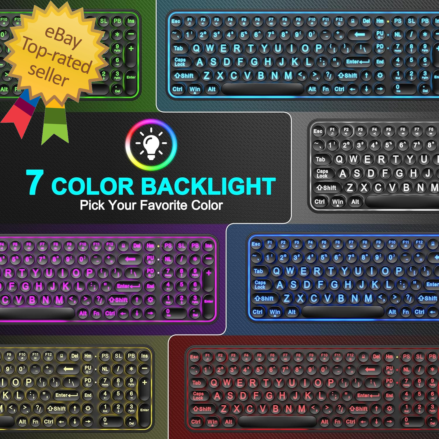 Large Print Backlit Keyboard, Wired USB Lighted Computer Keyboards with 7-Color
