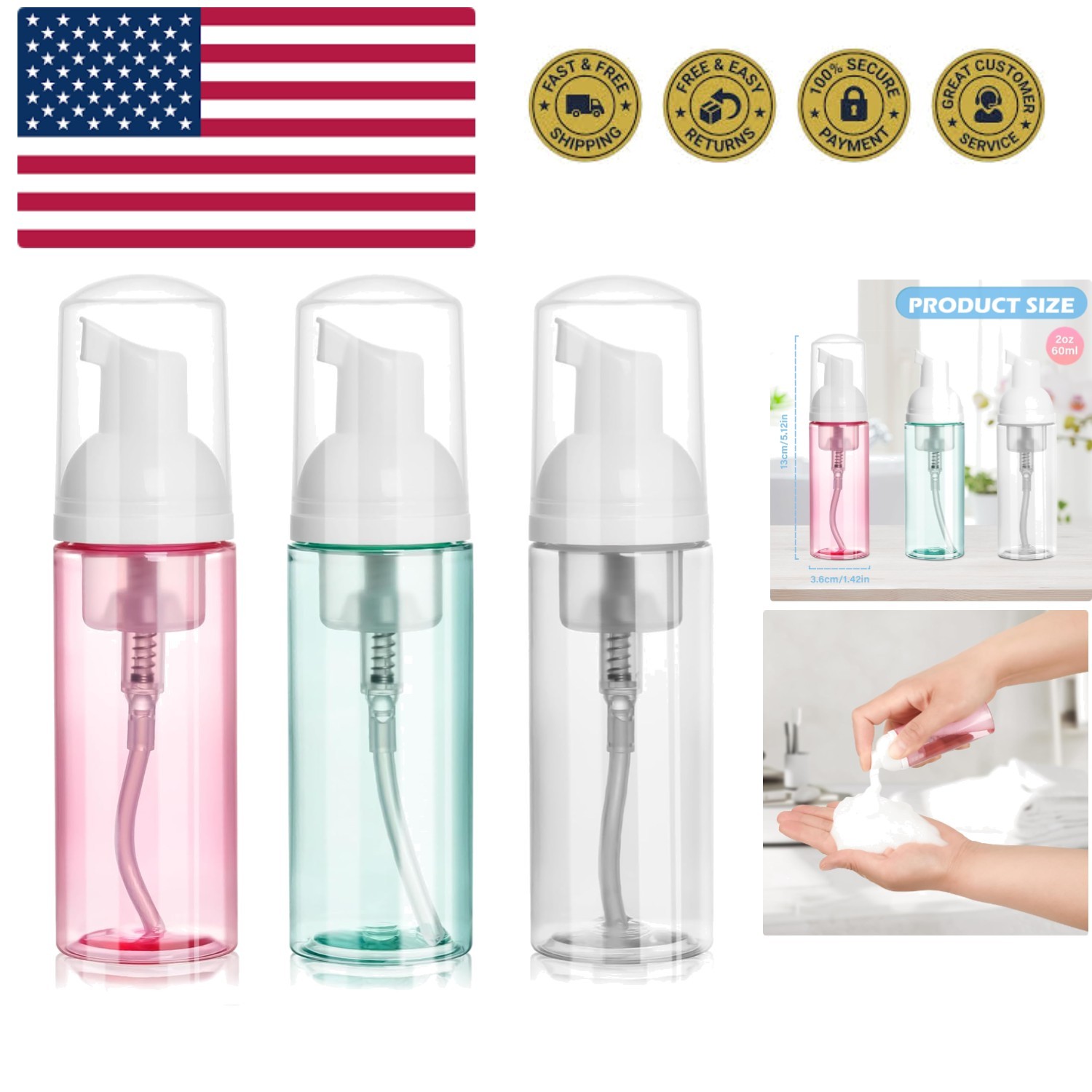 2oz Travel Foam Pump Bottle, 3PCS Travel Size Foam Pump Bottle Empty Foaming ...