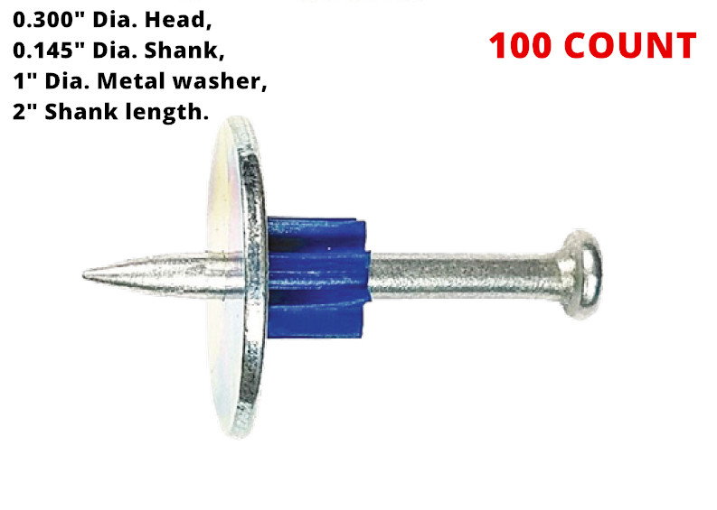 2" Powder Actuated Fastener Drive Pin w/ 1" Washer, Construction Fastening Nail