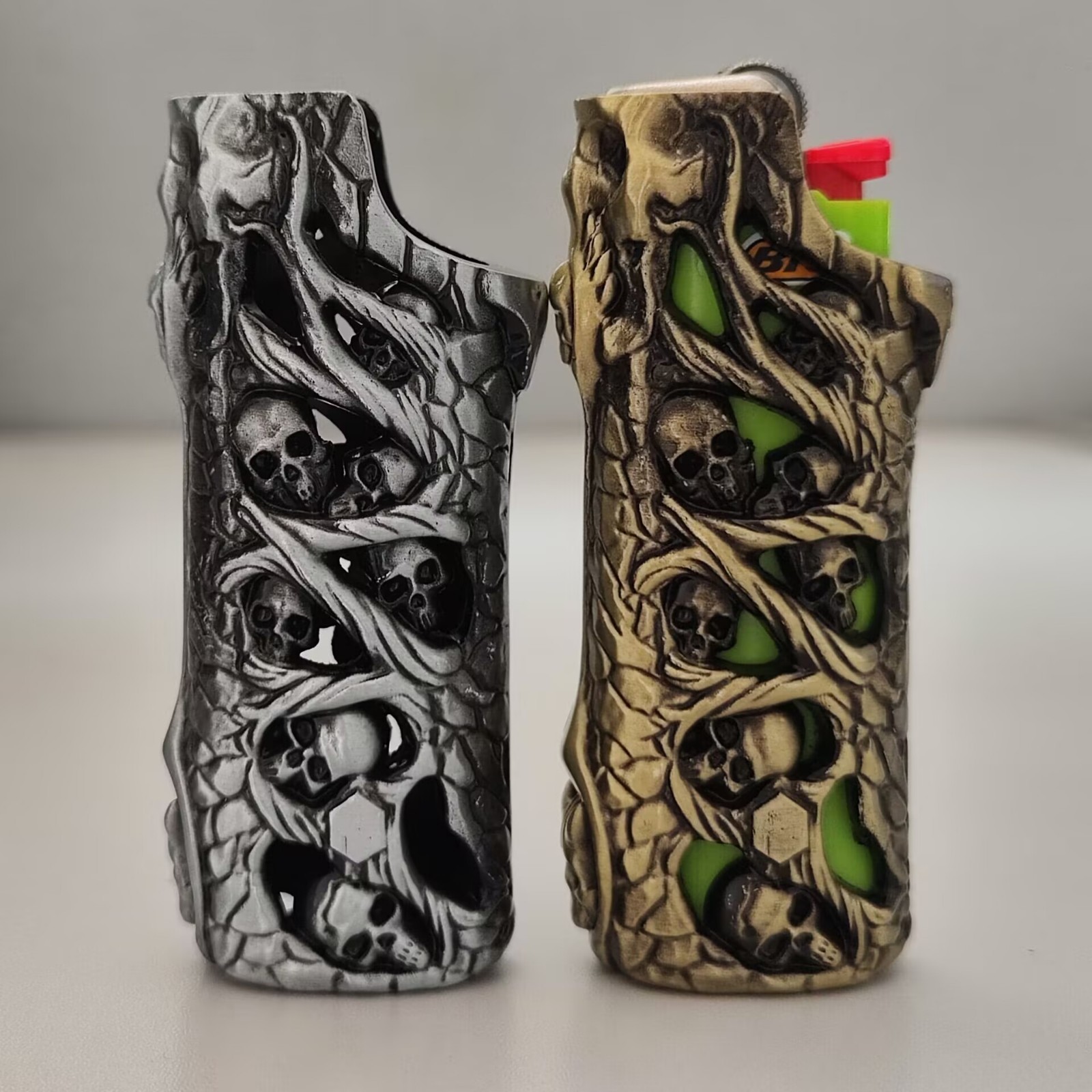 1pc Gold+1pc Silver Skull Lighter Case Cover Shell Fits Bic J6 Size Lighter