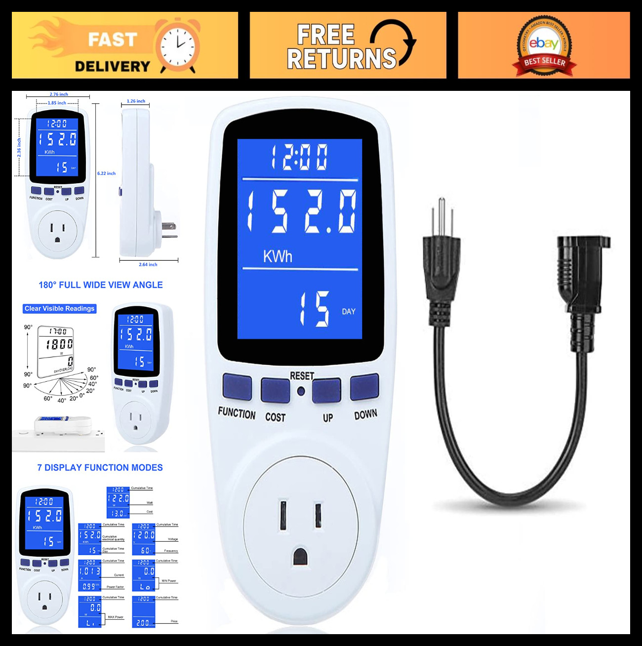 Power Meter Plug for Home Energy Monitoring - Electricity Usage Monitor, 7 Modes
