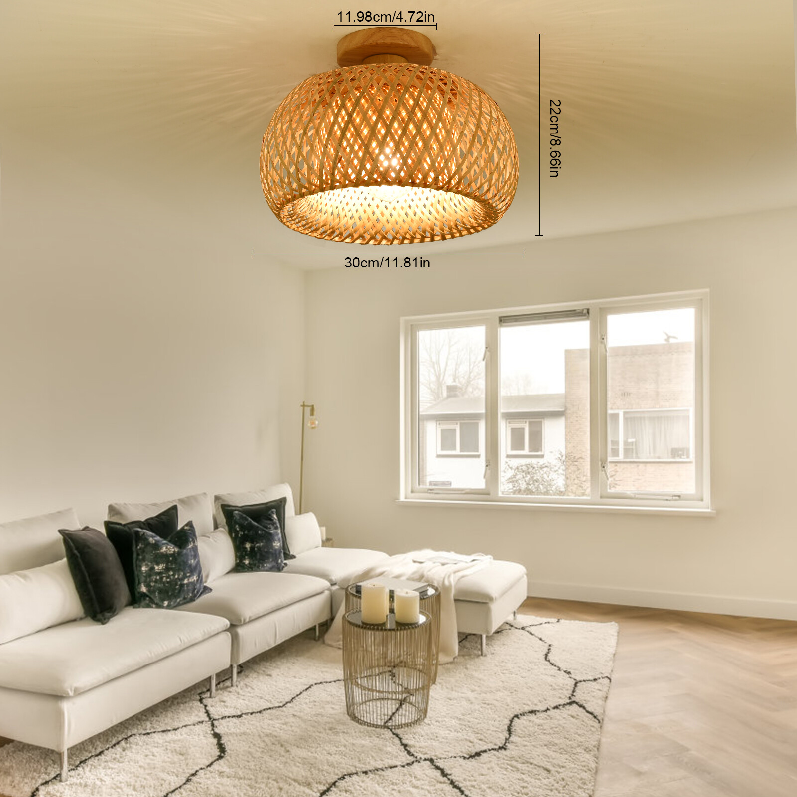 110V E26 Ceiling Light Semicircle Bamboo Pendant Light 60W Indoor Hanging Lamp