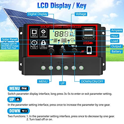 Upgraded 30A Solar Charge Controller—Black Solar Panel Battery—Black & Red