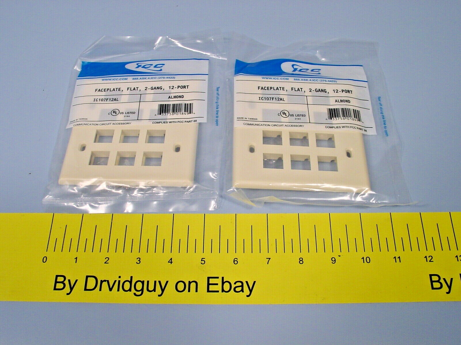 Lot of 2 ICC IC107F12AL Flat Faceplate; 2-Gang; 12-Port; Almond
